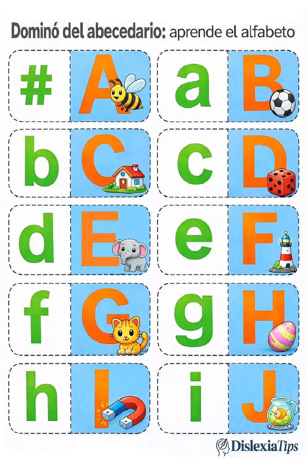 Dominó del abecedario para aprender el alfabeto con letras mayúsculas, minúsculas e ilustraciones